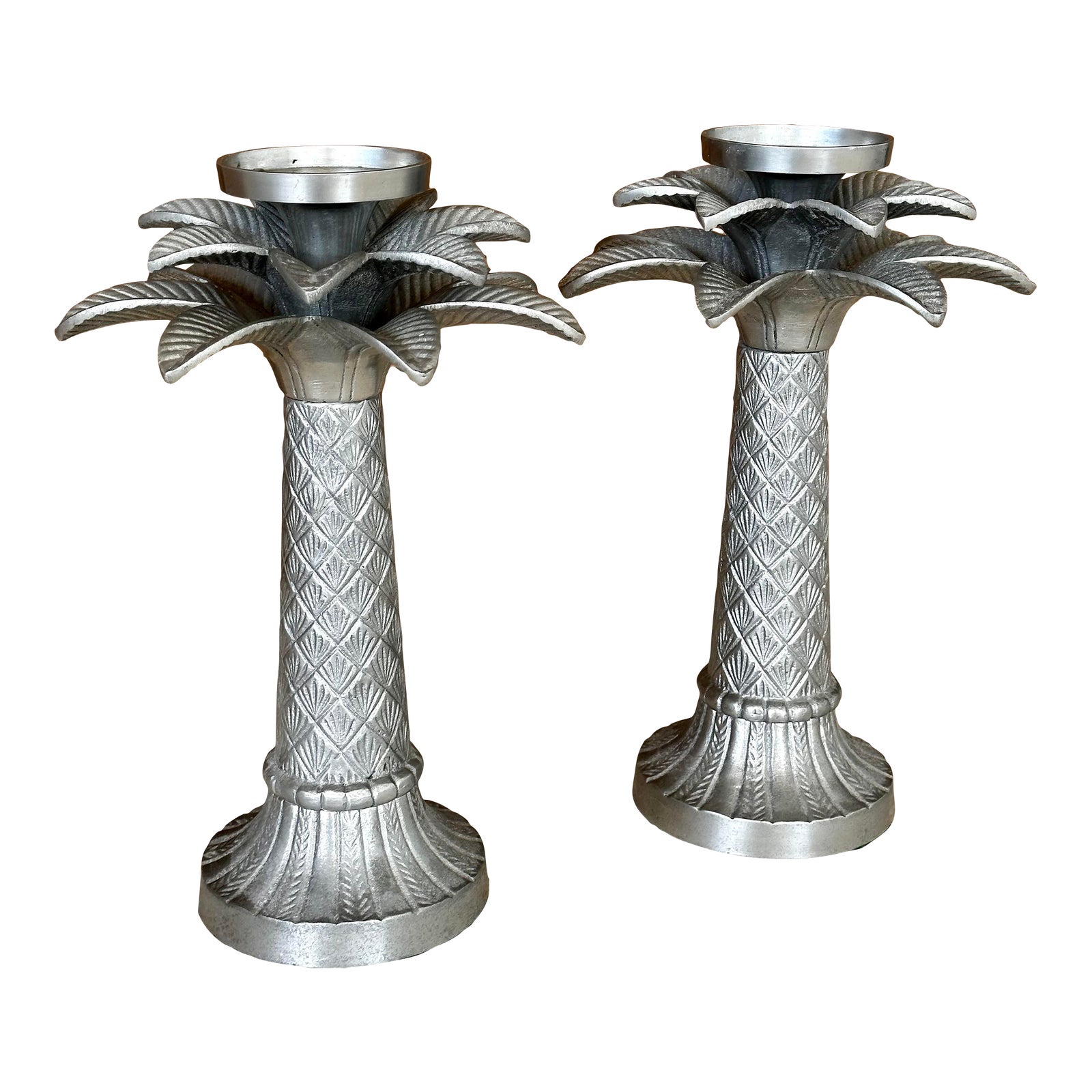 Pair Coastal Regency Silver Pewter Palm Tree Candle Holders Chairish