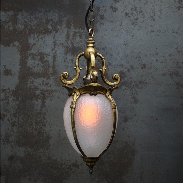 Gold French Art Nouveau Brass and Etched Glass Lantern Pendant Light, 1920s For Sale - Image 8 of 12