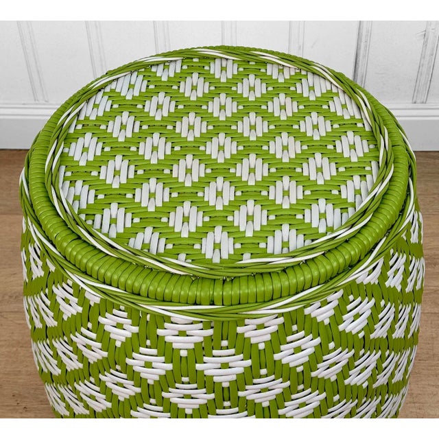 1970s Vintage Boho Avocado Green & White Argyle Faux Wicker Garden Stool For Sale - Image 5 of 8
