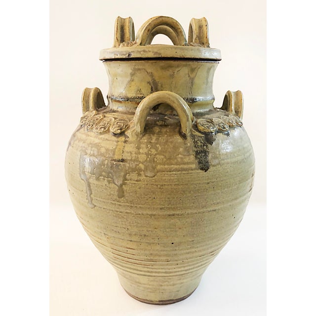 1975 Thrown and Built Studio Pottery Lidded Urn, Signed Offered for sale is a hand-thrown and hand-built glazed studio...
