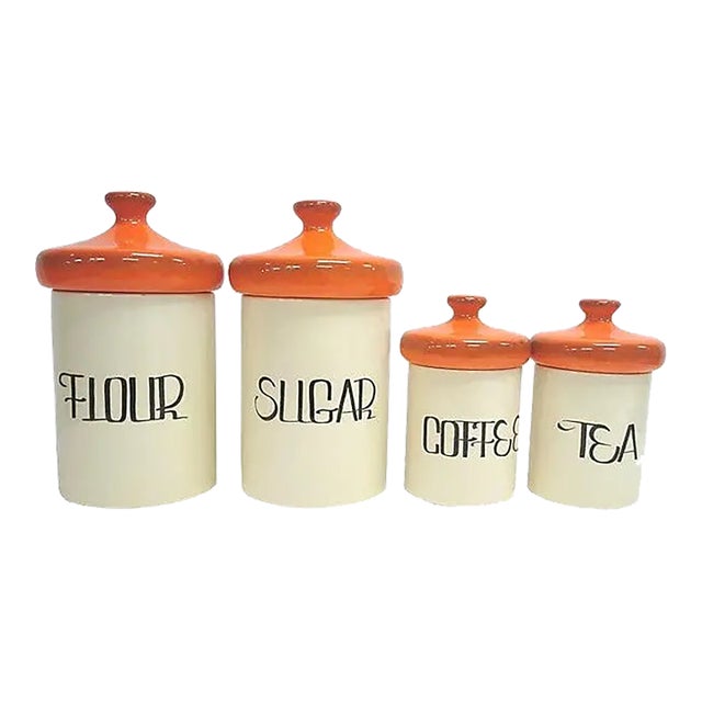 Mid-Century Ceramic Kitchen Canister Set of 4 in Off White and Orange For Sale