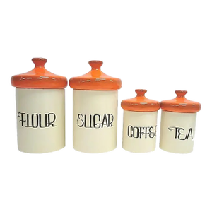 Mid-Century Ceramic Kitchen Canister Set of 4 in Off White and Orange