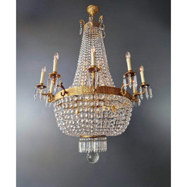 1910s 1910s Empire Brass Crystal Lustre Chandelier Ceiling Light For Sale - Image 5 of 12