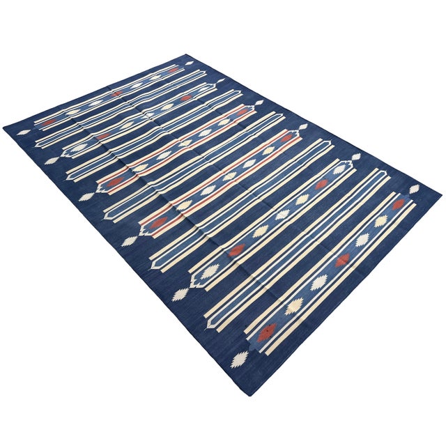 Mid-Century Modern Handmade Cotton Area Rug, Vegetable Dyed, Indigo Blue, Cream and Terracotta Striped Dhurrie -6'x9' For Sale - Image 3 of 13