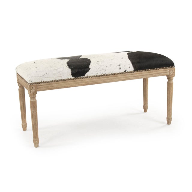 Farmhouse Lille Spotted White/Black Cowhide Bench with Oak Frame For Sale - Image 3 of 3