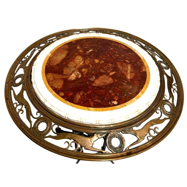 Antique Wrought Iron Brass Greyhound Gueridon Table Inlaid Marble Top 22" For Sale - Image 9 of 14
