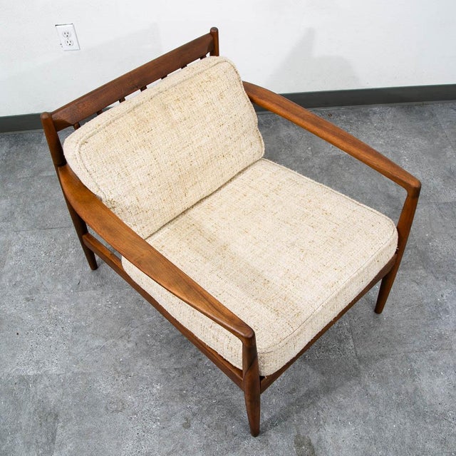 Mid Century Danish Modern Lounge Chair Walnut Wool Fabric Armchair Vintage White For Sale In Sacramento - Image 6 of 12