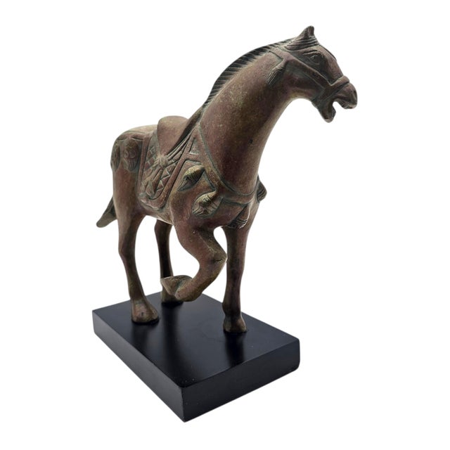 Late 20th Century Chinese Tang-Style Patinated Metal Horse Sculpture on Black Plinth For Sale - Image 4 of 17