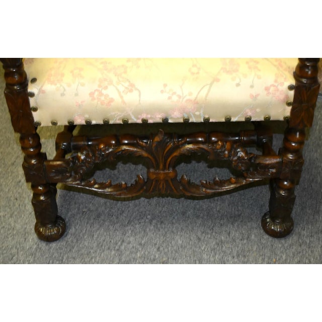 1940s Carved Walnut Armchair French Style High Back Vintage Upholstered Floral Chair For Sale - Image 5 of 13
