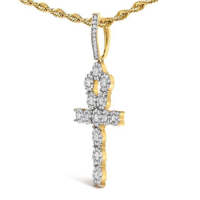 Haus of Brilliance Men's 10K Yellow Gold 1 3/4 Cttw Diamond Cluster Ankh Cross Pendant Necklace - 18" Inches For Sale - Image 4 of 4