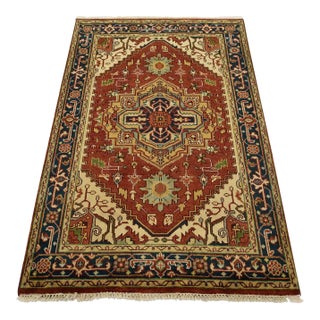 Heriz Rug 4′ X 6′ Red Wool Tribal Hand-Knotted Oriental Carpet For Sale