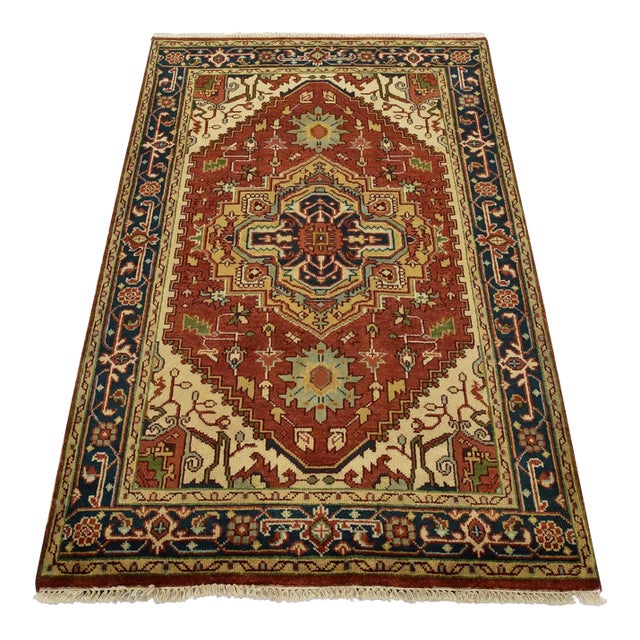 Heriz Rug 4′ X 6′ Red Wool Tribal Hand-Knotted Oriental Carpet For Sale