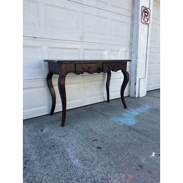 French Provincial French Provincial Console Table, Louis XV Style Vanity Desk, Vintage Curved Leg Writing Table, Parquet Top Entryway Table, Solid Wood Table For Sale - Image 3 of 12