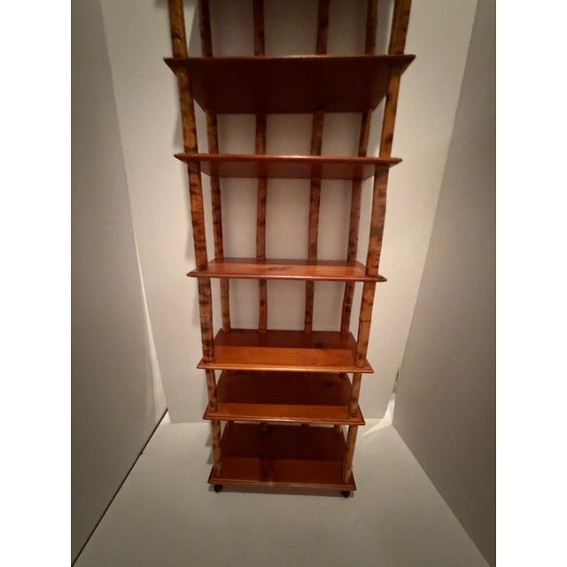 Mid-Century Modern Tall & Narrow Rattan Bamboo Etagere Bookshelf With Iron Finials For Sale - Image 3 of 12