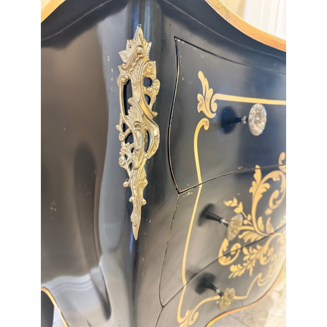Wood Vintage European Hand-Painted Black & Gold Curved Commode – French Baroque Style For Sale - Image 7 of 10