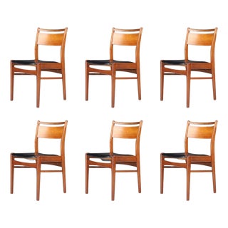 Scandinavian Modern Teak and Leather Dining Chairs, Denmark, 1960s, Set of 6 For Sale