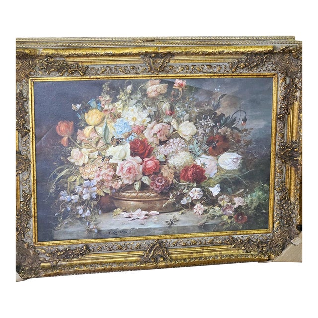 1990s Floral Splendor – Ornate Gold Gilt Framed Flower Still Life Painting For Sale