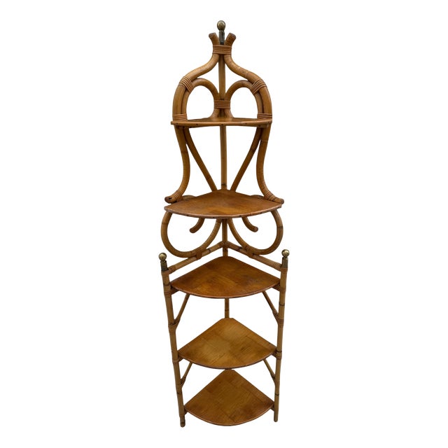 Vintage French Rattan Corner Shelf, 1960s For Sale
