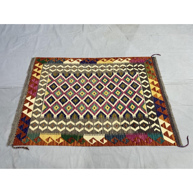 Textile 4'2" X 5'10" Multicolor Afghan Chobi Geometric Wool Flatweave Kilim Rug For Sale - Image 7 of 16