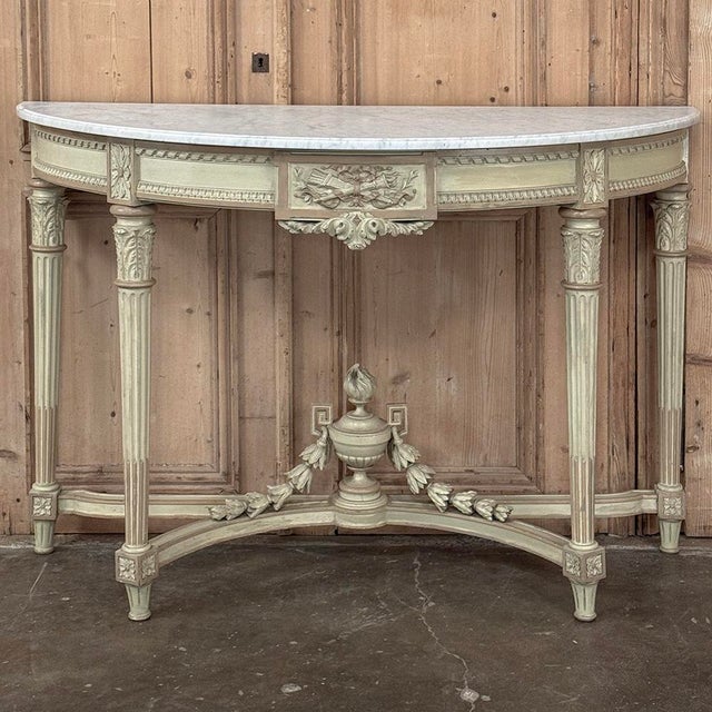 French Louis XVI Painted Demilune Console With Carrara Marble Top For Sale - Image 4 of 17