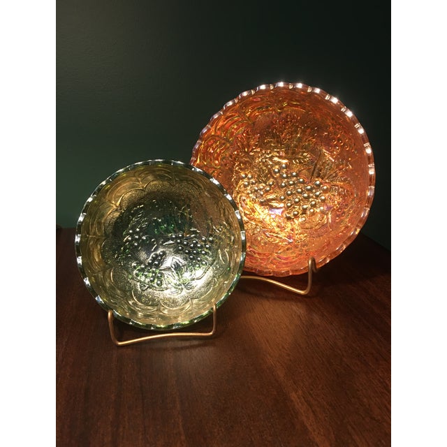 1900 - 1909 Imperial Glass Iridescent Marigold & Green Bowls - a Pair For Sale - Image 5 of 7
