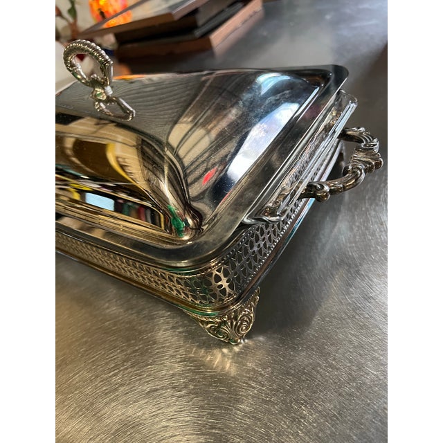 Vintage Silver Metal Footed Serving Dish With Lid and Glass Inlay For Sale - Image 4 of 12