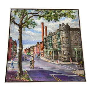 Camden New Jersey Oil on Canvas Cityscape With People by William Hoffman Jr For Sale