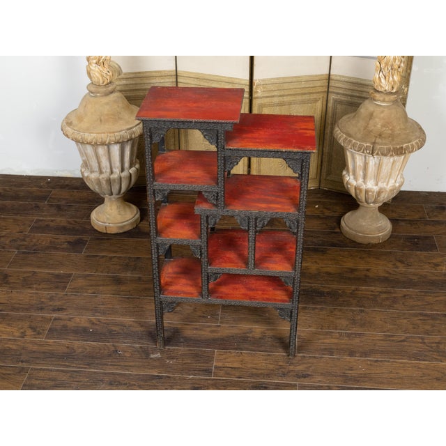 Early 20th Century Anglo-Indian 1930s Black Painted Tiered Shelf with Carved Scrolling Foliage For Sale - Image 5 of 11