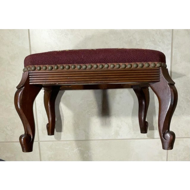 American Antique Hand Carved Needlepoint Textile Upholstered Foot Stool For Sale - Image 3 of 13