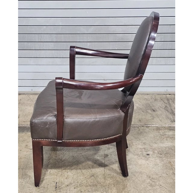 Late 20th Century Oval X-Back Arm Chair Barbara Barry for Baker Furniture Brown Leather Fabric For Sale - Image 9 of 10