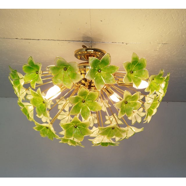 Green Floral Sputnik Flush Mount Chandelier 1980s Glass Flowers For Sale - Image 10 of 12