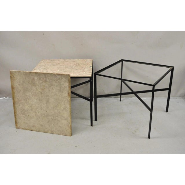 Mid Century Modern Paul McCobb Style Wrought Iron Marble Square Side Table Pair For Sale - Image 10 of 12