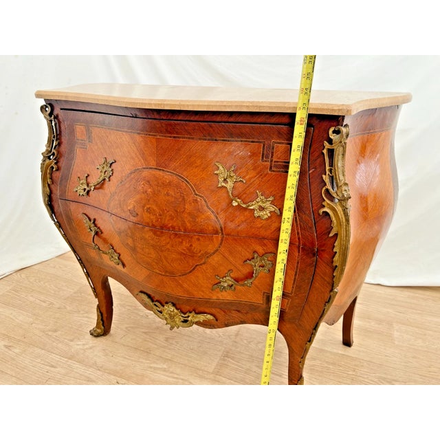 Antique French Bombe Nightstand, Commode Chest of Drawers, Inlays, Marble Top For Sale - Image 9 of 13