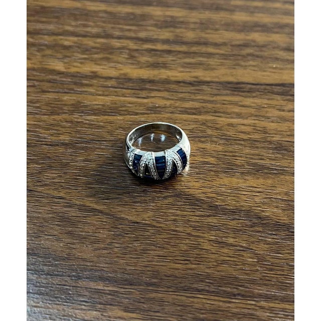 Early 21st Century Blue Sapphire Precision Square Cut Diamonds 14k White Gold Statement Band Ring, Size 7 For Sale - Image 5 of 12