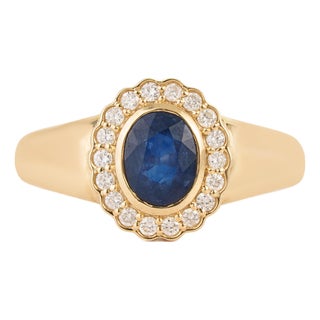 1.12ct Blue Sapphire & Diamond Bezel Chunky Ring 14k Yellow Gold Size 4 For Sale