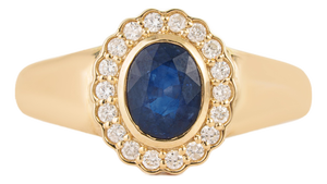 1.12ct Blue Sapphire & Diamond Bezel Chunky Ring 14k Yellow Gold Size 4