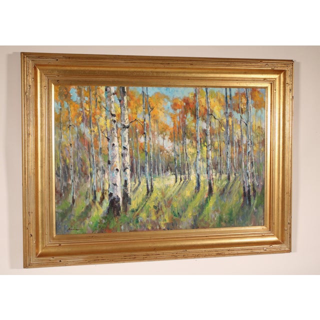 Colorful impressionist landscape painting of sundrenched trees by Ebrahim Amin (born 1950), early 21st century. Oil on...