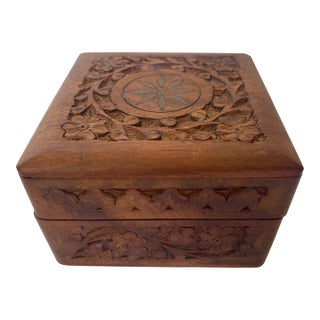 1970's Indian Hand Carved Teak Hinged Jewelry Box For Sale