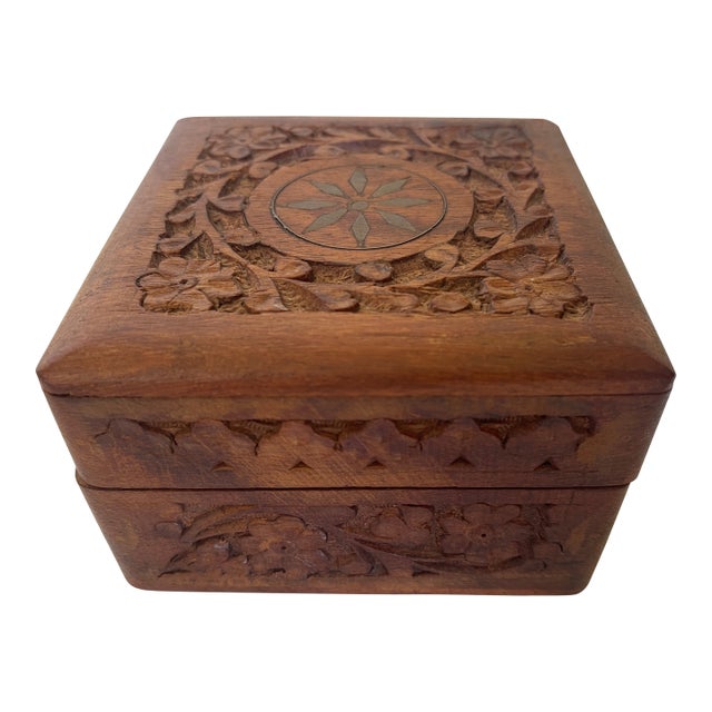 1970's Indian Hand Carved Teak Hinged Jewelry Box For Sale