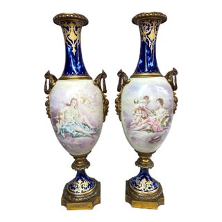 Pair of Large French Sevres Porcelain Vases - Mid 19th Century For Sale