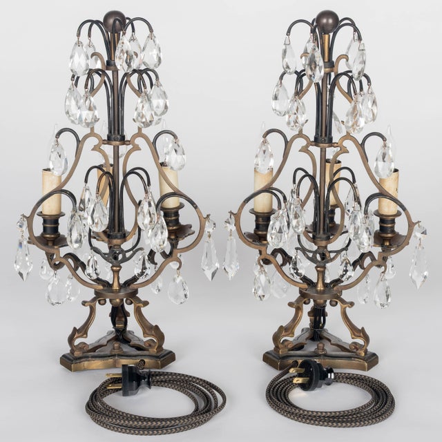 Metal Pair of Brass and Crystal Girandoles For Sale - Image 7 of 9