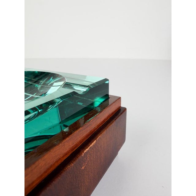 Mid-Century Italian Green Cut Glass and Leather Ashtray in the style of Fontana Arte, 1970s For Sale - Image 12 of 16