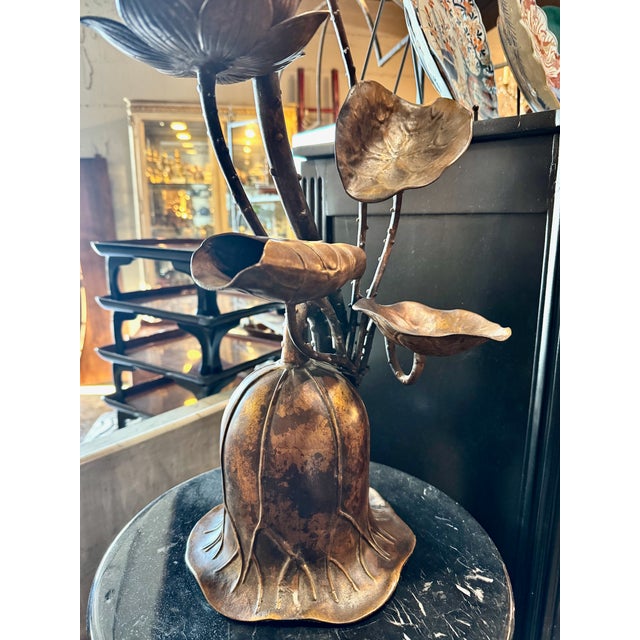 Bronze Japanese Bronze Candle Stands, Lotus Design, Mid-Showa Era, 1960s For Sale - Image 8 of 12