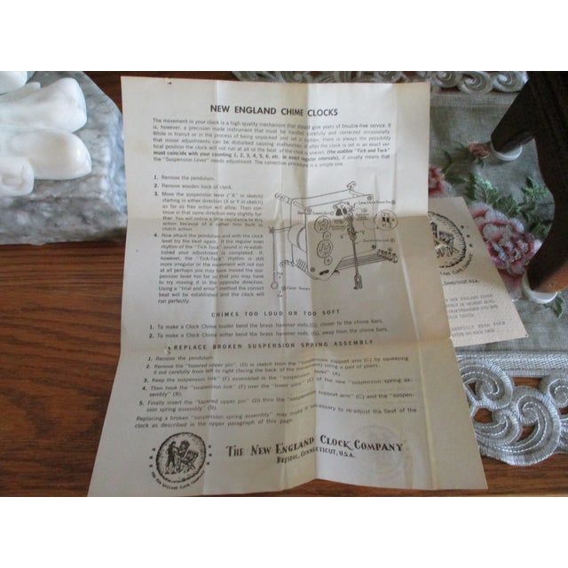 Lg Vintage Mantle New England Clock Pillar and Scroll Westminster Chimes Clock German Movement 8 Day Wind For Sale In South Bend - Image 6 of 18
