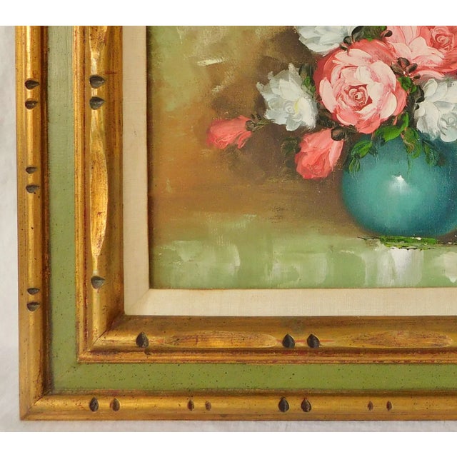 Green Vintage Mid Century Signed Floral OIl Painting Solid Wood Green & Gold Frame For Sale - Image 8 of 12