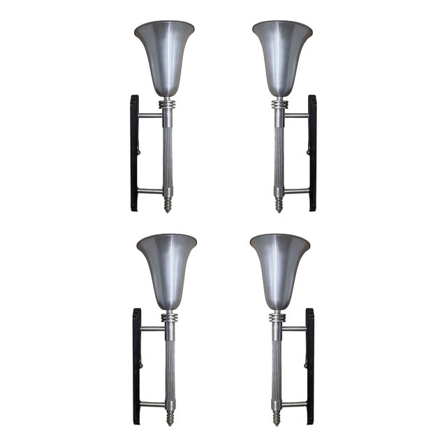 1930s Art Deco Machine Age Spun Aluminum & Steel Torchiere Wall Sconce, Set of 4 For Sale