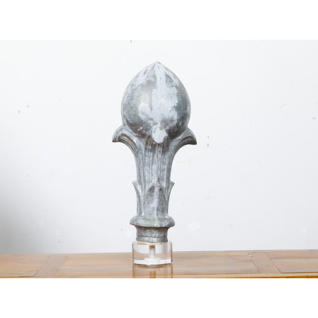French 19th Century French Zinc Crowned Acorn Decorative Finial on Custom Lucite Base For Sale - Image 3 of 9