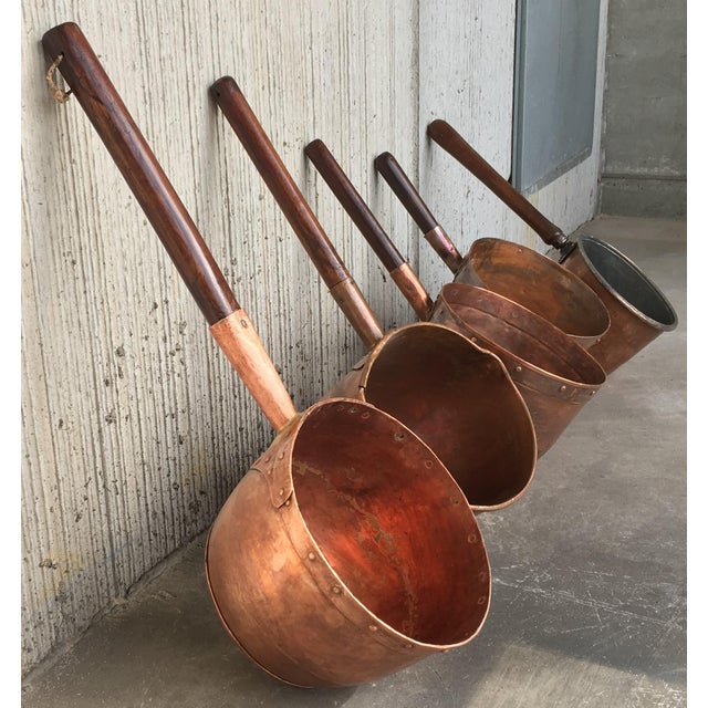 Copper Collection of Five Antique Spanish Handmade and Forged Copper Cook Pans For Sale - Image 8 of 13