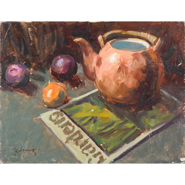 This artwork presents a warm, inviting still life featuring a copper teapot alongside vibrant fruits, including a plum and...