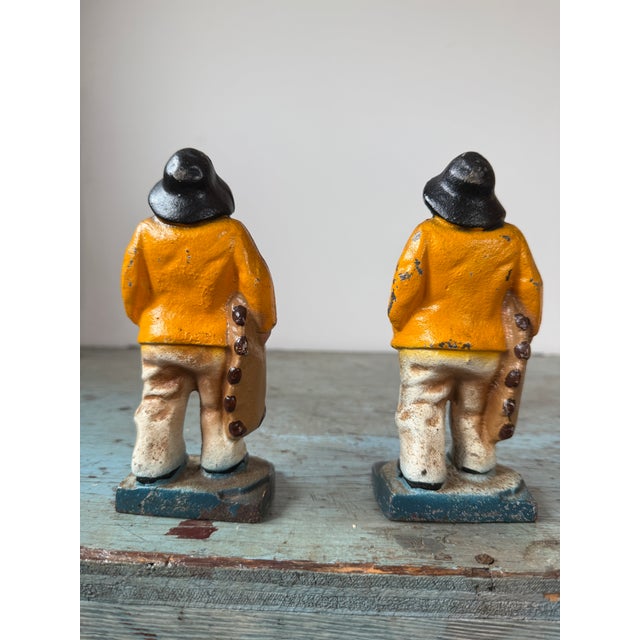 Hubley Manufacturing Company Pair of Vintage Cast Iron Bookend Fishermen Yellow Slickers - Or Doorstops For Sale - Image 4 of 8